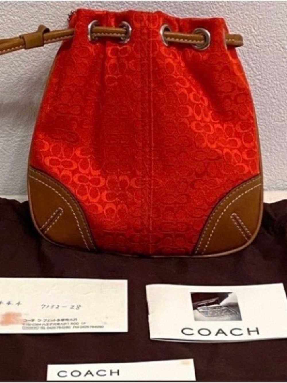 Coach Red Signature Drawstring Bucket Bag with Tan Leather Trim